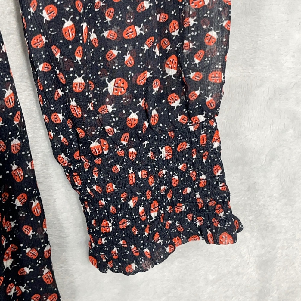 LOFT Women NEW Midi Dress M Navy Ladybug Print Smocked Chiffon V-Neck Career - Picture 12 of 12